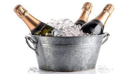 A metal bucket filled with ice and two bottles of champagne, on a white background