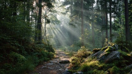 Obraz premium Forest path with morning mist and sun rays 