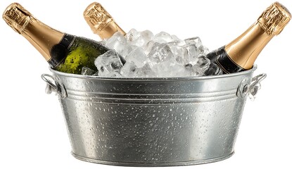 A metal bucket filled with ice and two bottles of champagne, on a white background