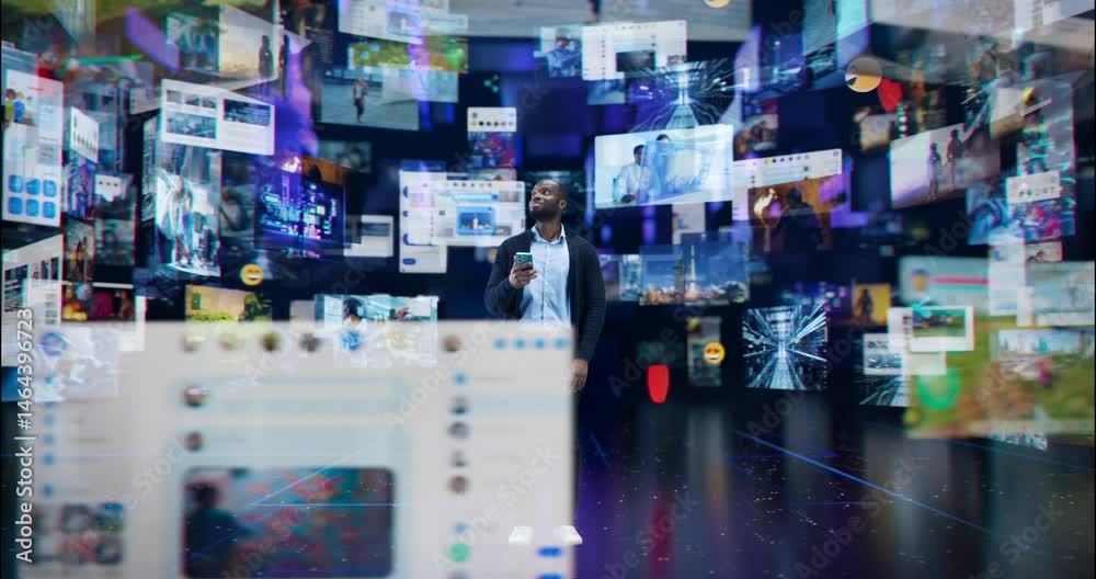 Poster black male taps on a smartphone to explore a digital world, interacting with social media visuals on