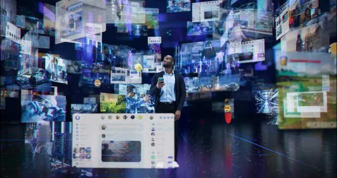 African Man Using Smartphone in a Conceptual Space. Digital Visualization of Social Media, Influencer Economy, Viral Content. Augmented Reality with Floating Hologram Screens with Videos