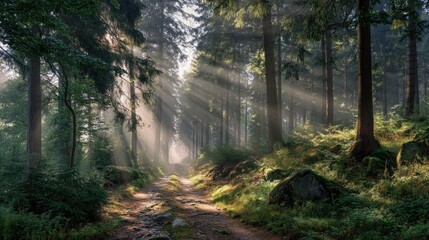Fototapeta premium Forest path with morning mist and sun rays 