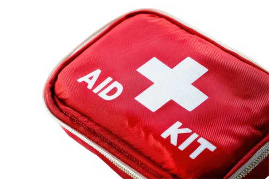 Medical first aid kit in red color with zip close up isolated on white transparent background