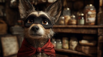 Close-up of a dog character wearing a mask and bowtie.