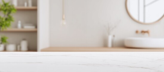 Minimalist bathroom with a white countertop, round mirror, wooden shelves, and soft natural lighting.