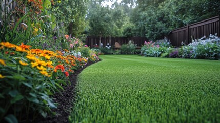 A vibrant garden with a lush green lawn and colorful flower beds under the soft daylight outdoors