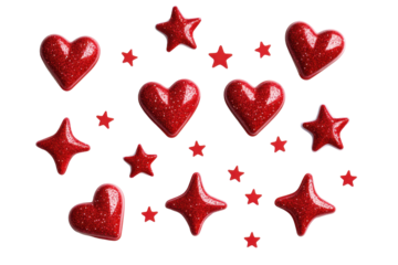 Cute red sticker set with hearts and stars isolated on white background for digital and print use