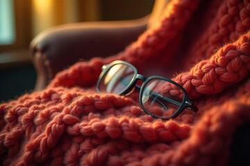Warm knitted blanket, cozy armchair, spectacles, cozy, heritage