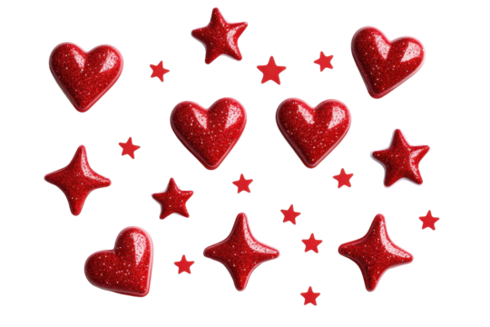 Cute red sticker set with hearts and stars isolated on white background for digital and print use - Powered by Adobe