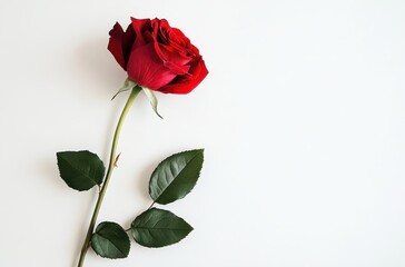 Obraz premium Beautiful single red rose with green leaves placed on a light background, symbolizing love, romance, and elegance for various creative projects