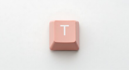 Macro shot of a pink 'T' keycap on white background