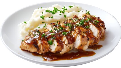 A plate of grilled chicken stake with a crisp, juicy cut, sliced and drizzled in a balsamic sauce, served alongside creamy garlic and mozzarella cheese-infused mashed potatoes