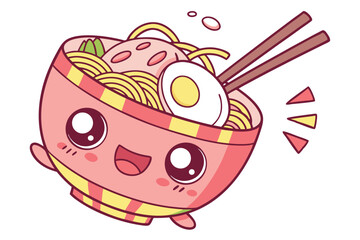 79 Cute cartoon ramen bowl character, smiling face, anthropomorphic, large eyes, red and yellow striped bowl, noodles, sliced pork, boiled egg, chopsticks, green vegetables, kawaii style, vibrant colo