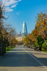 A street overlooking the flame towers in Baku