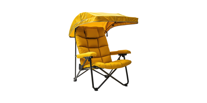 Yellow Outdoor Reclining Chair With Canopy. Comfortable Seating For Relaxation And Sun Protection Isolated On Transparent Background