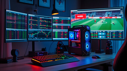 This high-resolution image captures a modern, high-tech trading room setup that doubles as a gaming workstation. The sleek black desk features four curved monitors