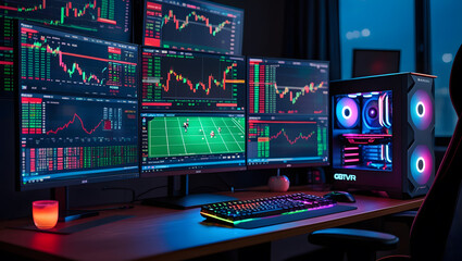 This high-resolution image captures a modern, high-tech trading room setup that doubles as a gaming workstation. The sleek black desk features four curved monitors