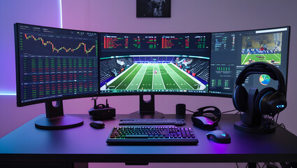 This high-resolution image captures a modern, high-tech trading room setup that doubles as a gaming workstation. The sleek black desk features four curved monitors