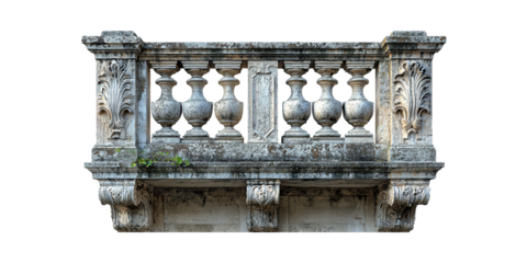 Ornate Stone Balcony Railing With Classical Design Elements. Architectural Heritage And Historical Aesthetics Isolated On Transparent Background