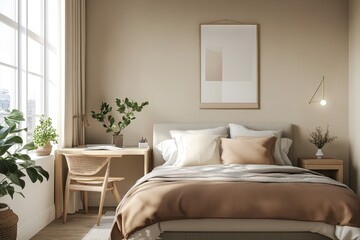 Cozy and modern bedroom featuring a neatly made bed with warm-toned bedding. a stylish desk by the window. and natural light illuminating the serene autumn scenery outside