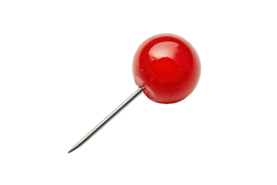 Red thumbtack or push pin isolated on clean white background for bulletin board and stationery designs