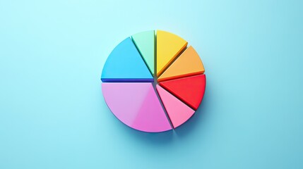 Obraz premium A colorful pie chart with segments in pastel shades of pink. blue. yellow. and purple. set against a light blue background. ideal for data visualization and presentations