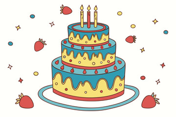80 Colorful three-tiered birthday cake, lit candles, frosting decoration, cheerful design, cartoon style, vibrant colors, blue and yellow icing, chocolate layer, sprinkles, strawberry details, festive