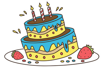 80 Colorful three-tiered birthday cake, lit candles, frosting decoration, cheerful design, cartoon style, vibrant colors, blue and yellow icing, chocolate layer, sprinkles, strawberry details, festive