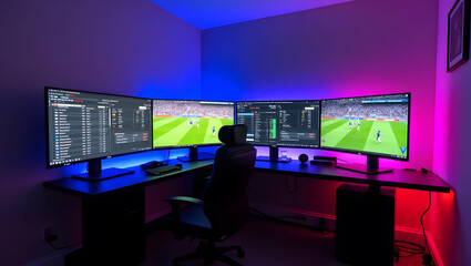 This high-resolution image captures a modern, high-tech trading room setup that doubles as a gaming workstation. The sleek black desk features four curved monitors