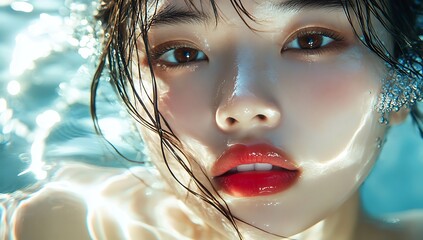 Close-up of an Asian woman's face. She is wet and wearing lipstick.