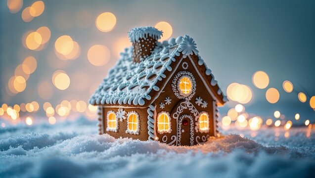 A festive gingerbread house in a snowy winter landscape, decorated for the Christmas season