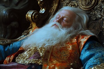 Closeup of an old man with a white beard and long hair, wearing colorful, ornate clothing, sleeping on a throne.