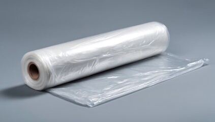 A roll of white plastic wrap on top, with an unrolling piece next to it and the end of that wrapped in polyethylene film sheets