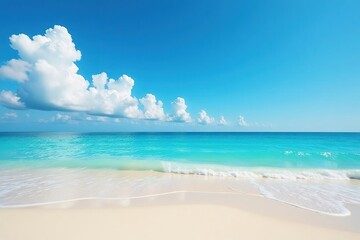 Fototapeta premium Clear blue sky above pristine beach, gentle surf, shoreline, light, day