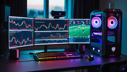 This high-resolution image captures a modern, high-tech trading room setup that doubles as a gaming workstation. The sleek black desk features four curved monitors
