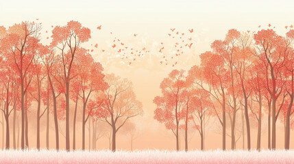 Serene autumn forest landscape with tall trees vibrant orange foliage soft misty background and flying birds creating a peaceful natural scene