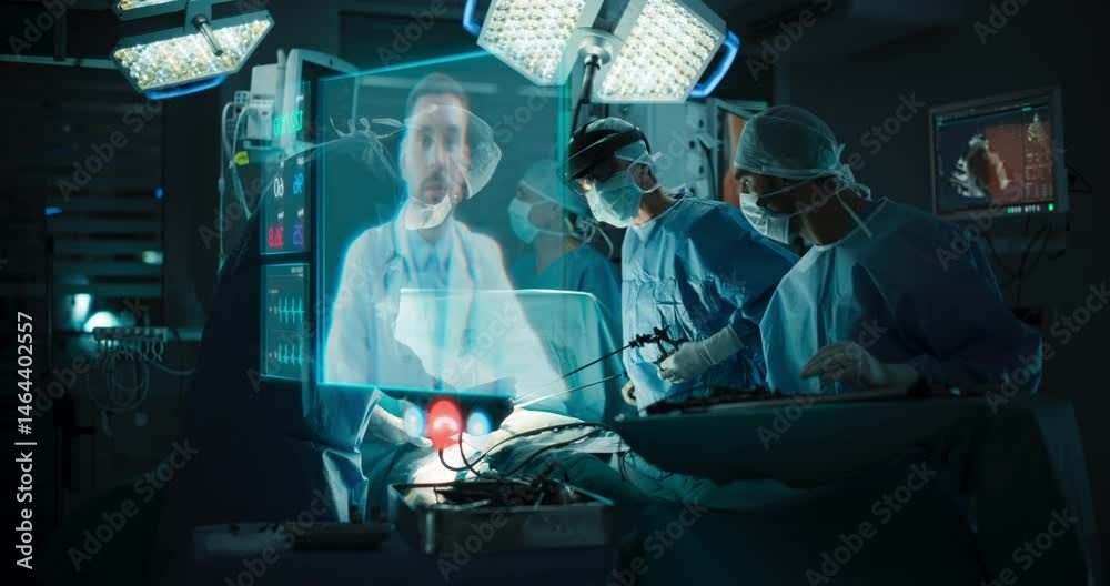 Aufkleber female surgeon wearing a headset, using augmented reality technology in a high-tech operating room. 