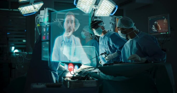 Female Surgeon Wearing a Headset, Using Augmented Reality Technology in a High-tech Operating Room. Remote Doctor Providing Vital Surgical Information in a Video Call on a Holographic AR Display
