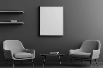 Fototapeta premium A modern. minimalist living room featuring two plush armchairs and a sleek coffee table. with a blank wall art piece and decorative shelves in a stylish. dark-themed interior