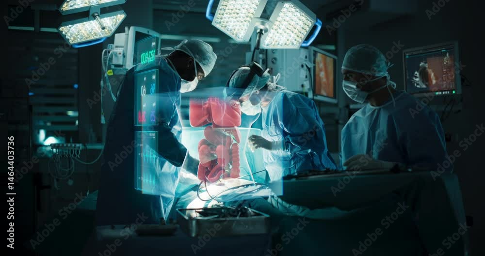 Aufkleber Surgeons Using Advanced Augmented Reality System in a Modern Operating Room, Utilizing Holographic Visuals of Patient's Inner Organs. Saving Lives with Innovative Medical Technology