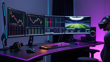 This high-resolution image captures a modern, high-tech trading room setup that doubles as a gaming workstation. The sleek black desk features four curved monitors