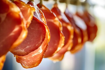 A closeup of sliced ​​ham hanging on a wire in the kitchen of an Italian restaurant.