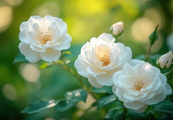 Obraz premium Delicate White Roses Blooming in a Natural Setting with Soft Green Background and Gentle Light Enhancing Their Beauty and Elegance
