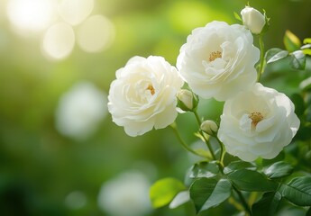 Fototapeta premium Delicate White Roses Blooming in Soft Green Garden with Sunlight Filtering Through Leaves, Creating a Serene and Romantic Atmosphere