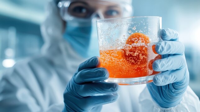 A scientist in protective gear displays a glass containing a bubbly orange substance, indicating ongoing experimentation or analysis in a laboratory environment.