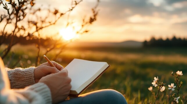 A person holds a journal and writes during sunset, surrounded by nature, capturing a moment of reflection and creativity as the sun illuminates the scene.
