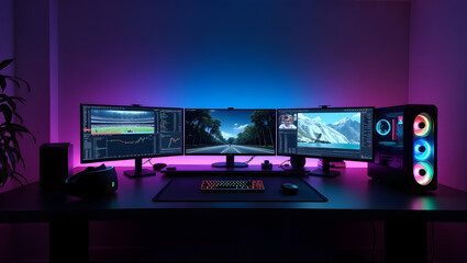 This high-resolution image captures a modern, high-tech trading room setup that doubles as a gaming workstation. The sleek black desk features four curved monitors