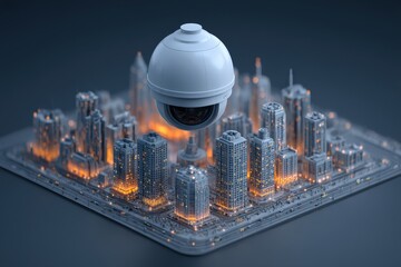 Advanced surveillance technology showcasing a modern cityscape illuminated at night with a prominent security camera observing the urban environment portraying digital vigilance and safety