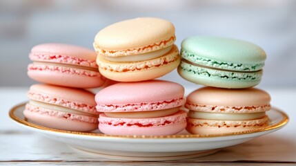 Enjoy a visually appealing plate featuring soft pastel-colored macarons with creamy fillings, ideal for a charming dessert platter at any gathering or event.