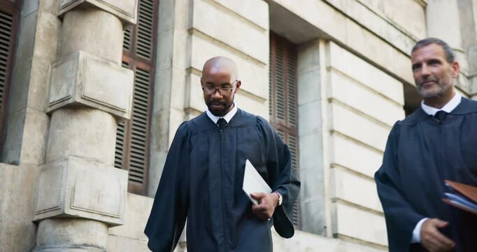 Judge, men and handshake in city for law deal, case agreement and thumbs up for judicial partnership. Lawyer, shaking hands and collaboration for legal settlement, dispute resolution and goodbye